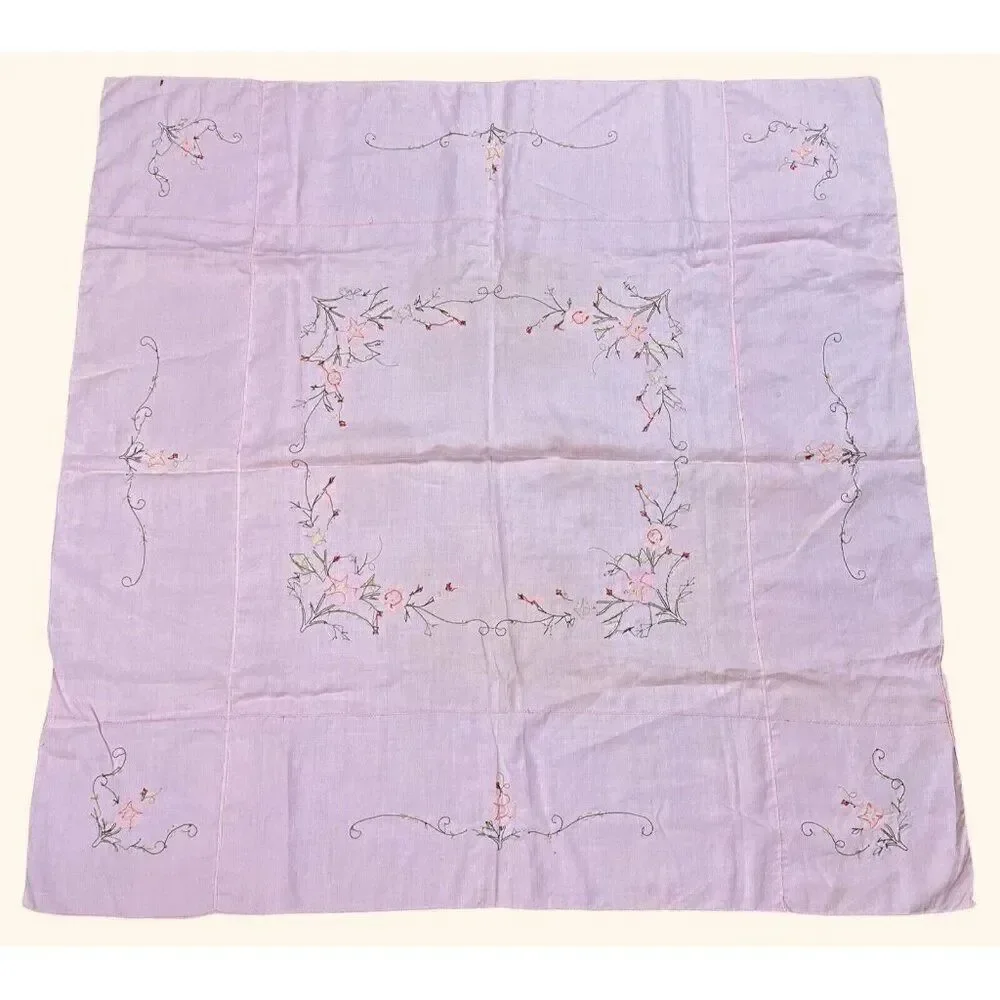 Vintage Handmade Pink Square Embroidered Floral Tablecloth 42 x 41 Appliqué Cute